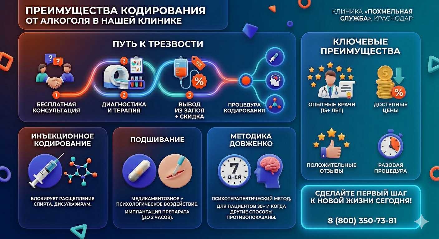 Инфографика о методах кодирования от алкоголя в Днепре: инъекции, подшивание, метод Довженко. Преимущества клиники и этапы лечения.